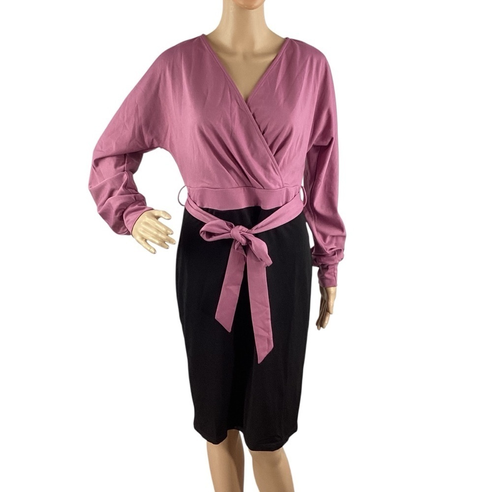 Grace Karin Faux Wrap Colorblock Dress Pink Black Size M